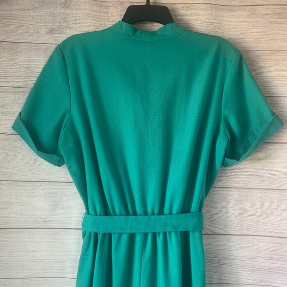 Vintage Germaine Teal Green Dress with Belt Short Sleeves 70s 80s Size 16 - Picture 8 of 14